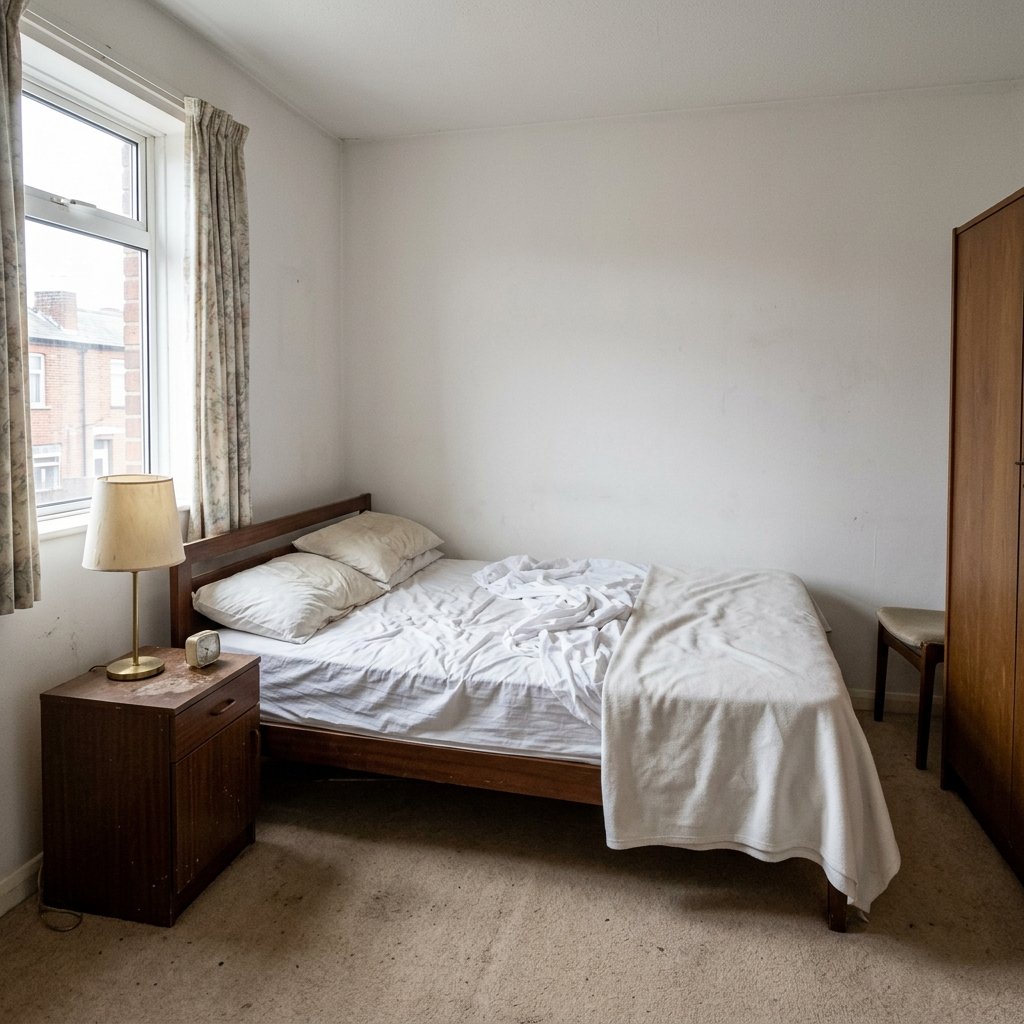 Outdated dull bedroom before styling